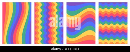 Retro Pride background set with bold psychedelic rainbow waves. Abstract LGBTQ wavy line patterns and vibrant 70s fluid stripes. Seamless style Stock Vector