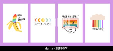 Set of vertical pride month posters with rainbow and retro symbols on white background. Minimalist LGBTQ banners for pride celebration, social media Stock Vector