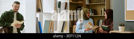 Migrant Students Studying with Books in Library for Education Access Stock Photo