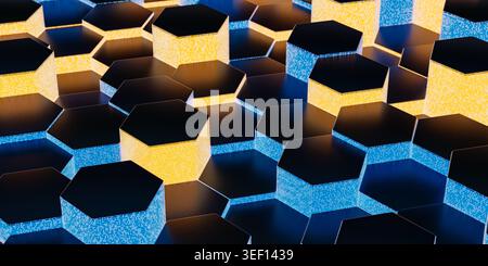 Futuristic cyber security hexagonal grid. 3D abstract background with blue and gold light Stock Photo