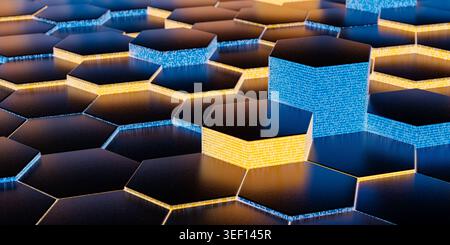 Close-up of digital data flow hexagons. High-tech 3D illustration of glowing network cells Stock Photo