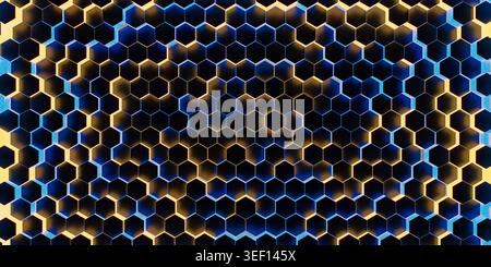 Top view of abstract cyber security hexagonal grid with blue and gold light. 3D futuristic data flow background Stock Photo