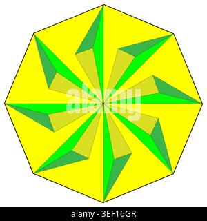 Green faceted star. Yellow octagon Vector frame. Geometric crystal ornament. Bright emerald jewelry shape art. Stock Vector