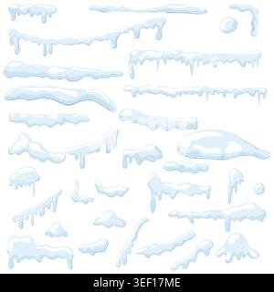 Snow caps and icicles of various shapes on a blue background, Vector illustration. Frosty snowdrifts, hanging ice curbs and a white winter roof, the c Stock Vector