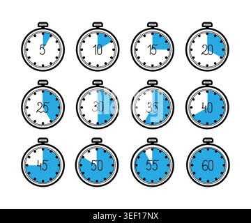 Stopwatch or countdown timer, set of icons. Vector illustration. A timer with a dial for measuring for sports, the set is isolated on a white backgrou Stock Vector