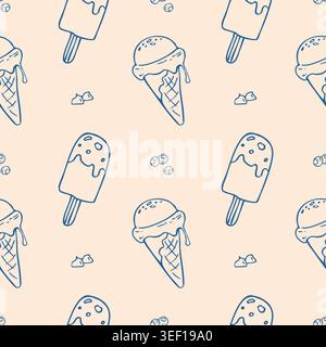Cute Ice cream doodle seamless pattern with popsicles and cones on cream background Stock Vector