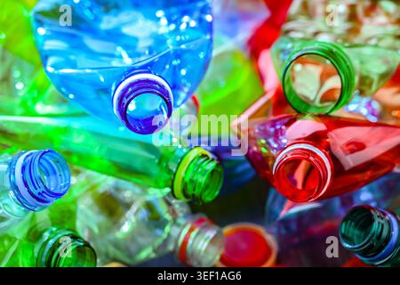 Empty colored drink bottles. Recyclable plastic waste. Stock Photo