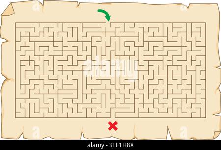 Complex labyrinth maze on aged parchment paper Stock Vector