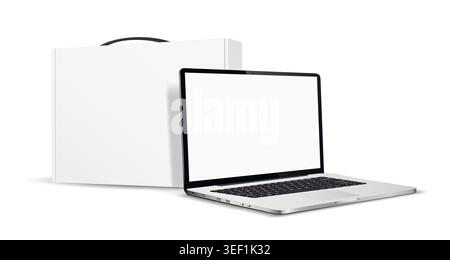 Blank screen laptop computer and white carton box with handle mockup isolated on a white background. Vector illustration. Stock Vector