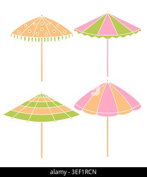 Set of flat colorful beach umbrellas on white background. Stock Vector