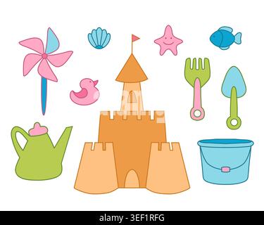 Outlined beach toys and sand castle vector elements set. Stock Vector