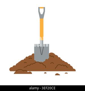 shovel stuck in a pile of soil, gardening and digging tool in ground,  agriculture, farming and landscaping concept in flat style - vector illustratio Stock Vector