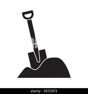 shovel stuck in a pile of soil icon, gardening and digging tool in ground,  agriculture, farming and landscaping concept in flat style - vector illust Stock Vector