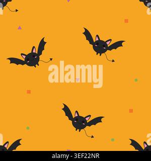 Adorable black bat seamless pattern with playful Halloween elements on bright orange background. Perfect for fabric, wrapping paper, wallpaper, textil Stock Vector