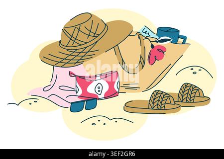 A set of beachwear lying on the sand, a straw hat over a trapeze bag with a towel, a cosmetic bag, sunglasses, a thermos mug and woven sandals Stock Vector