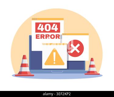 Web page error icon. Page was not found, system website failure, forbidden internet connection interruption, warning and blocked access icons, laptop Stock Vector