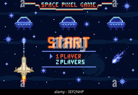 Pixel space video game start screen. Retro 8 bit graphic, players menu, rocket shoots at ufo, spaceships fight, options in classic style background Stock Vector