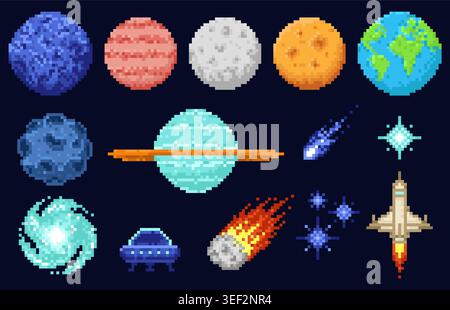 Pixel art space elements. Retro video game assets, planets, meteorites, rocket and ufo, solar system cosmic objects, astronomy and sci fi concept Stock Vector