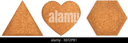Cork bulletin board shapes vector illustration set with wooden frame and realistic texture. Stock Vector