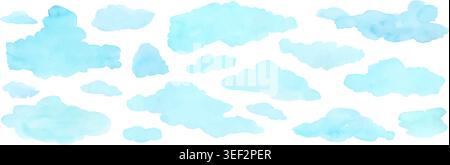 Soft blue watercolor clouds float across white vector illustration set Stock Vector