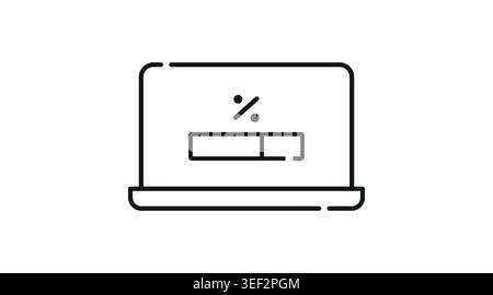 Laptop software update and loading progress icon: portable computer with percentage bar on screen, minimalist black line art vector illustration. Stock Vector