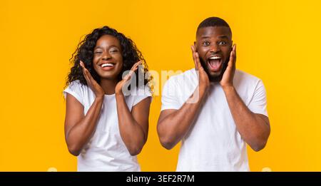 Shocked african american couple touching their cheeks Stock Photo