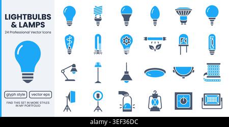 Light bulb, equipment glyph icons set. Fluorescent, LED, incandescent, smart ring, softbox, lava lamp flat minimal vector illustrations. Simple flat Stock Vector