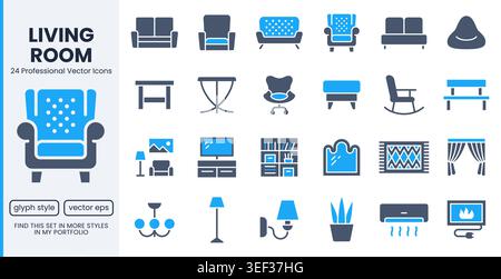 Living room furniture glyph icons set. Sofa, leather armchair, fireplace, bookshelf, curtains, TV stand, rug flat minimal vector illustration. Simple Stock Vector