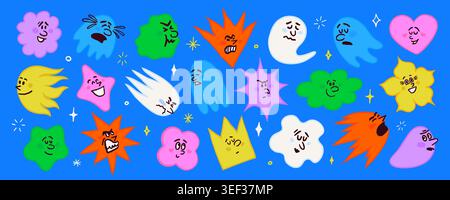 abstract shape characters with expressive faces with different emotions in doodle style. Character face set with varied moods and bold silhouettes Stock Vector