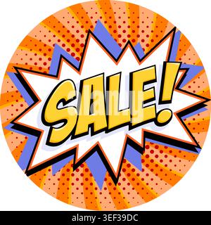 Sale comic sticker in circle format with yellow lettering on white starburst badge, on orange radial background with red halftone dots and blue Stock Vector