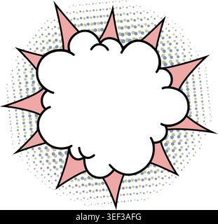 Starburst shape with comic cloud bubble blank speech frame over pink rays and blue beige halftone background. Retro vector star sticker for sale tags Stock Vector
