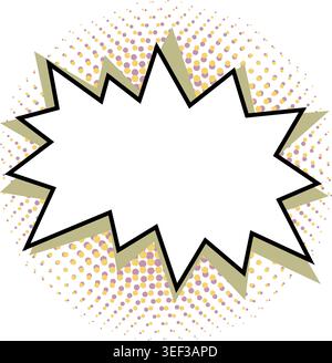 Comic starburst frame with bold black outline over olive rays and yellow purple halftone background. Retro pop art vector star shape sticker for sale Stock Vector
