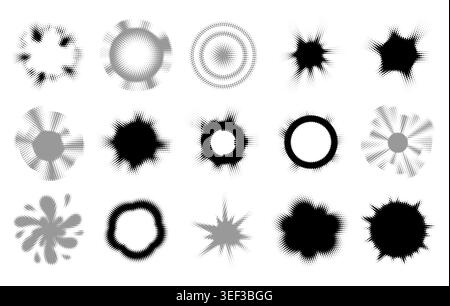 Set of halftone dotted backgrounds. Half tone circular irregular halftone points. Stock Vector