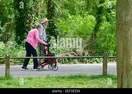 Pair of seniors, a man and woman, one with a wheeled walker / stroller, going for a Spring walk in the countryside in West Sussex, England, UK. Stock Photo