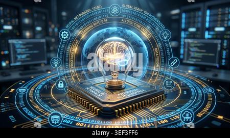 Wide-angle view of a glowing brain inside a light bulb on a processor chip, surrounded by holographic binary rings with neural network icons and a dig Stock Photo