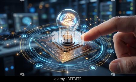 uturistic artificial intelligence illustration featuring a neural interface and glowing brain. Concept of innovation, global connectivity, and AI agen Stock Photo