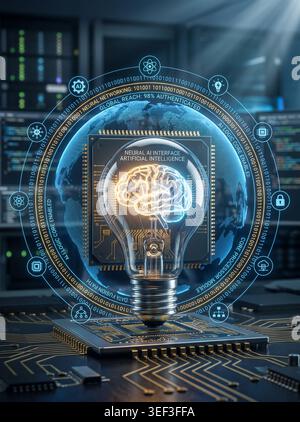 Luminous human brain inside a glass light bulb mounted on a processor chip, surrounded by a holographic ring of binary code, neural network icons, and Stock Photo