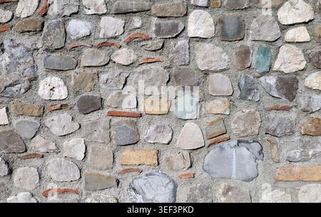 Concrete wall with stones of various sizes, shapes, colors, and fragments of bricks and roof tiles randomly embedded in the structure. Texture. Stock Photo