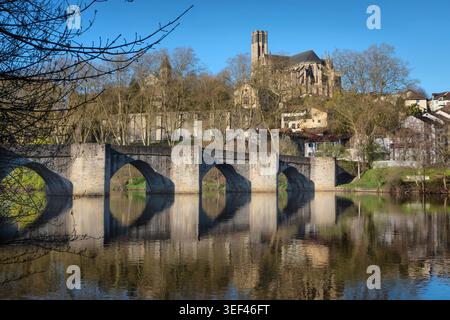 Limoges, France - view of historic Pont Saint Etienne bridge and Cathedral Stock Photo