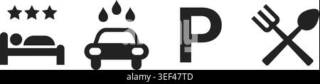Collection of hospitality icons including hotel bed, car wash, parking and restaurant symbols. Ideal for tourism, travel apps or service directories. Stock Vector