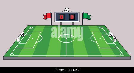 A cartoon illustration of a green soccer field with white lines and a scoreboard Stock Vector