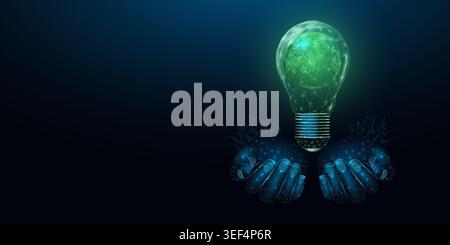 Two human hands hold lightbulb. Wireframe glowing low poly style. Design on blue background. Abstract futuristic vector illustration. Stock Vector