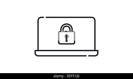 Laptop cybersecurity and digital privacy icon: portable notebook computer with secure padlock on screen, minimalist black line art vector illustration Stock Vector