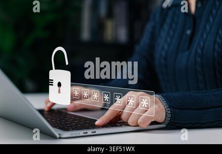 Password security unlock and digital access authentication concept. User entering secure passcode on laptop with virtual open lock, privacy protection Stock Photo