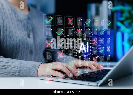 AI document review automation and validation concept. Person using laptop with AI chip, approved and rejected documents, checkmark, error flag, Stock Photo