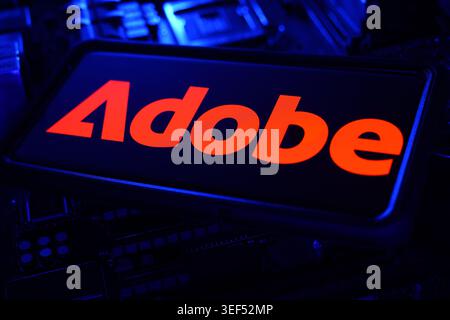 Adobe Software Technology Company Logo Displayed On Digital Screen With Creative Software And Cloud Computing Technology Stock Market Performance Stock Photo