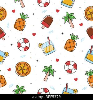 Playful hand drawn summer object seamless pattern illustration on white background. Summer themed pattern ideal for fabric, wrapping paper, packaging. Stock Vector
