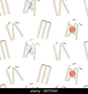 Cricket Wickets Destruction Seamless Pattern. Red And White Balls Hitting Stumps. Professional Sports Equipment Background. Modern Minimalist Vector I Stock Vector