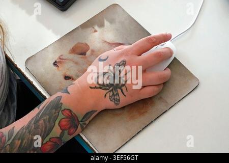A woman with a bee tattoo on her hand and tattoos on her arm works a computer mouse on a mouse pad in an office in Bend, Oregon. Stock Photo