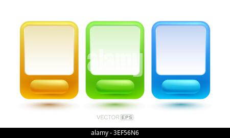 Colorful 3D glossy UI elements set. Modern blank buttons and frames for web and app design. Vector illustration. Stock Vector